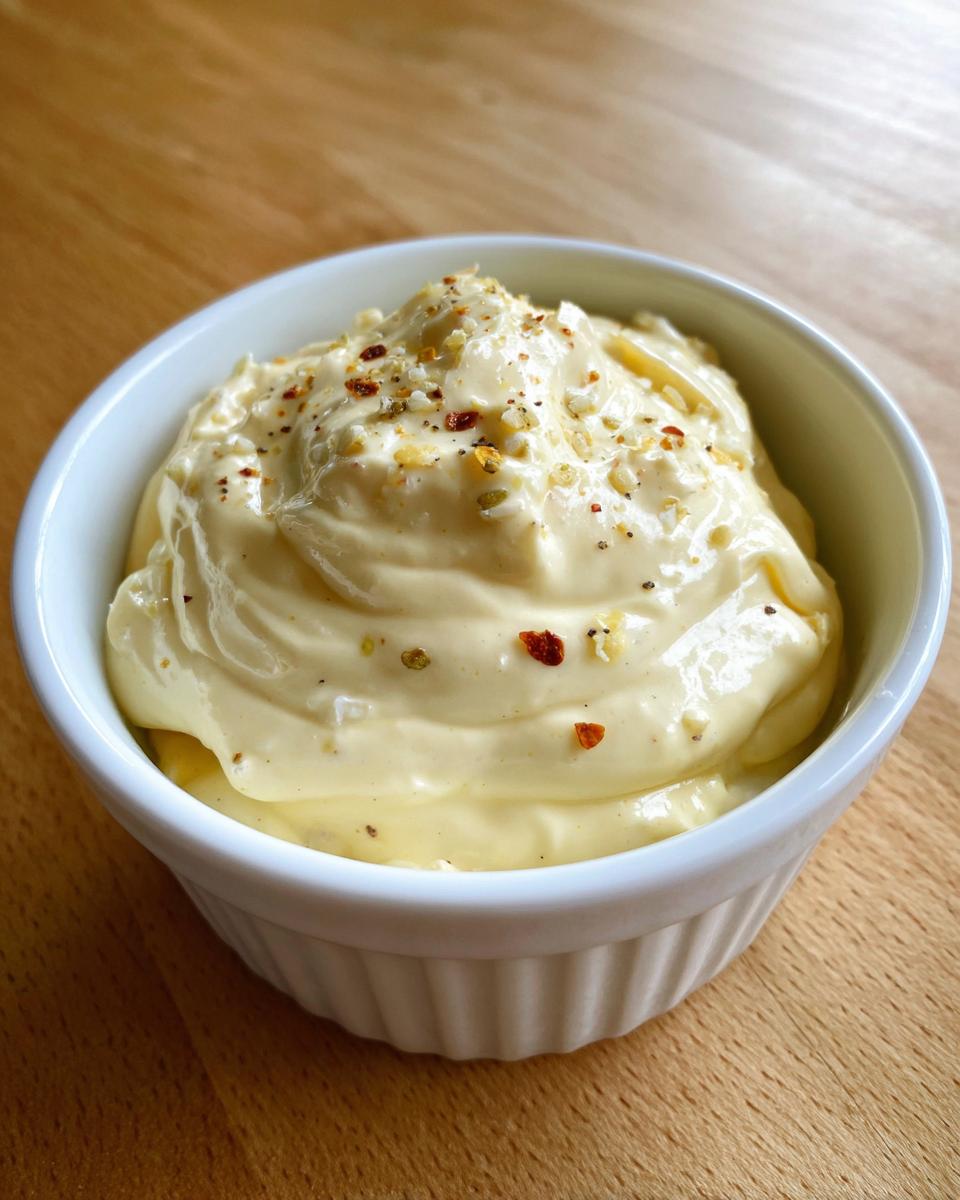 A creamy, thick portion of homemade garlic aioli topped with pepper flakes and seasoning in a white bowl.