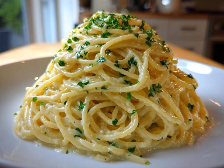A mound of spaghetti coated in creamy sauce, garnished with fresh parsley, highlighting the garlic parmesan pasta.
