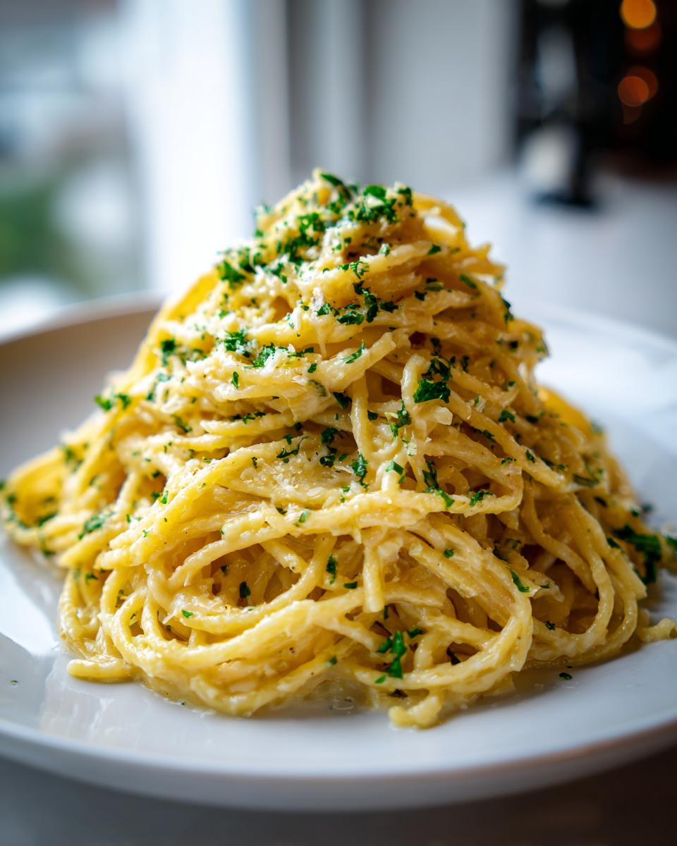 A tall mound of spaghetti coated in a creamy garlic parmesan sauce and topped with fresh chopped parsley.