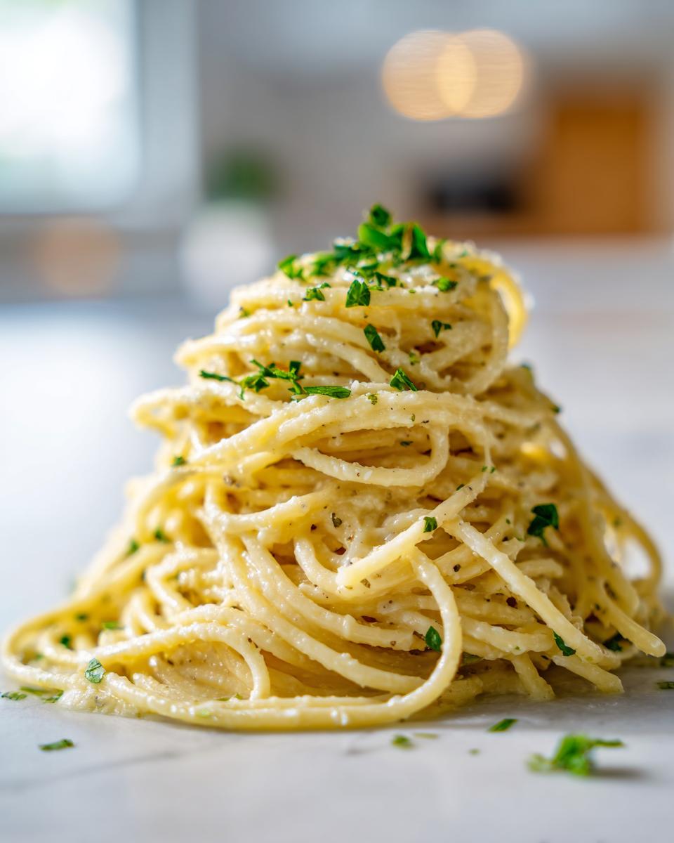 A tall mound of creamy spaghetti tossed in garlic parmesan sauce and topped with fresh parsley.