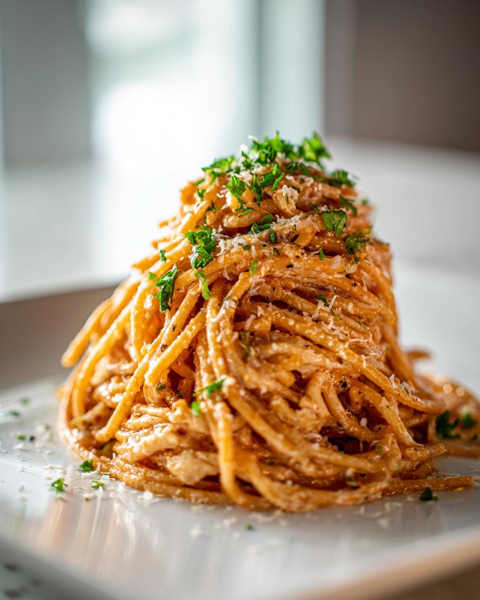 A tall mound of creamy garlic parmesan pasta garnished with grated cheese and fresh parsley.