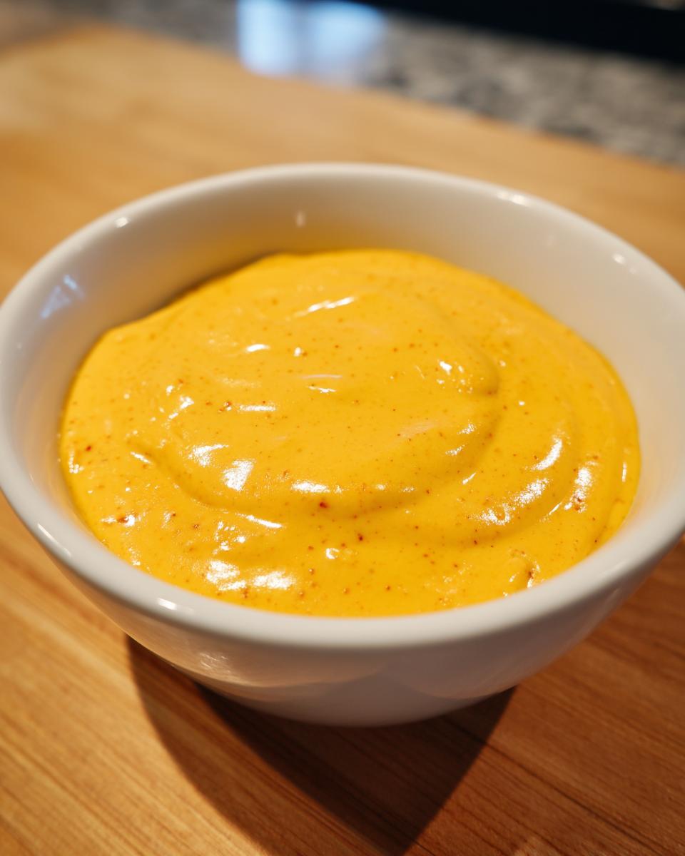 A close-up of thick, bright orange nacho cheese sauce with visible spice flecks in a small white bowl.