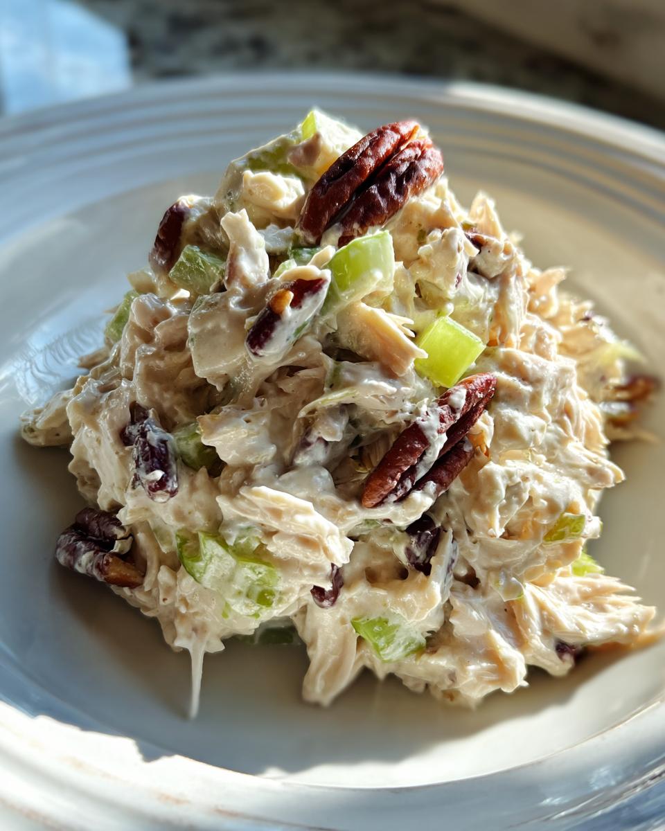 A scoop of creamy honey mustard chicken salad mixed with celery and topped with whole pecans.