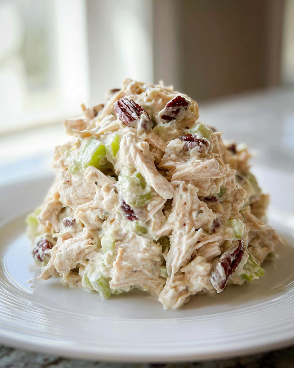 A mound of creamy honey mustard chicken salad mixed with celery and pecans served on a white plate.