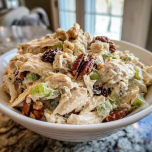 Close-up of creamy honey mustard chicken salad mixed with celery, dried cranberries, and topped with whole pecans.