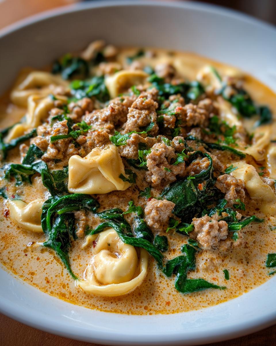 Close-up of a bowl of creamy italian sausage tortellini soup with spinach and herbs.