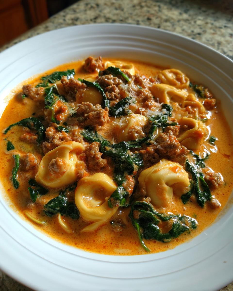 Close-up of creamy italian sausage tortellini soup with spinach and grated cheese in a white bowl.
