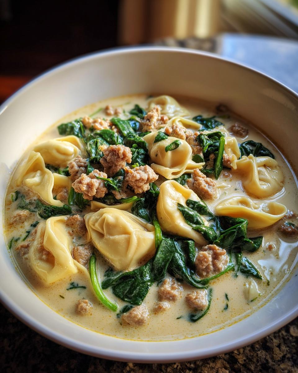 Close-up of a bowl of creamy italian sausage tortellini soup, featuring tortellini, crumbled sausage, and wilted spinach.