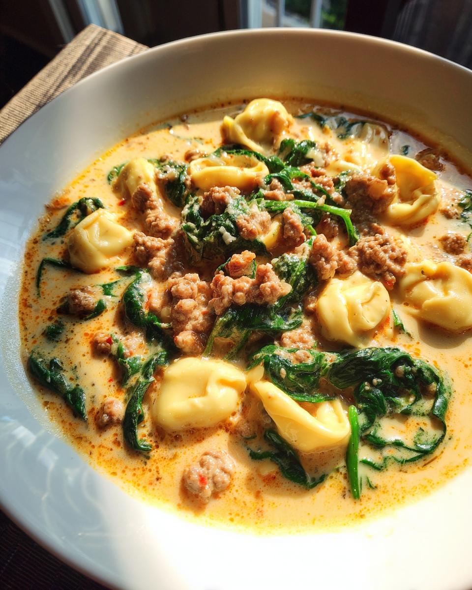 Close-up of a bowl of creamy italian sausage tortellini soup with spinach and ground meat.