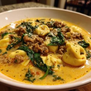 Close-up of a bowl of creamy italian sausage tortellini soup with spinach and grated cheese.