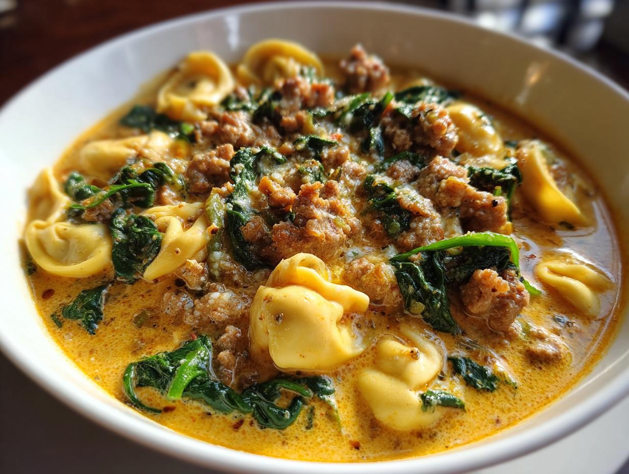 Close-up of a bowl of creamy Italian sausage tortellini soup with wilted spinach and cheese.