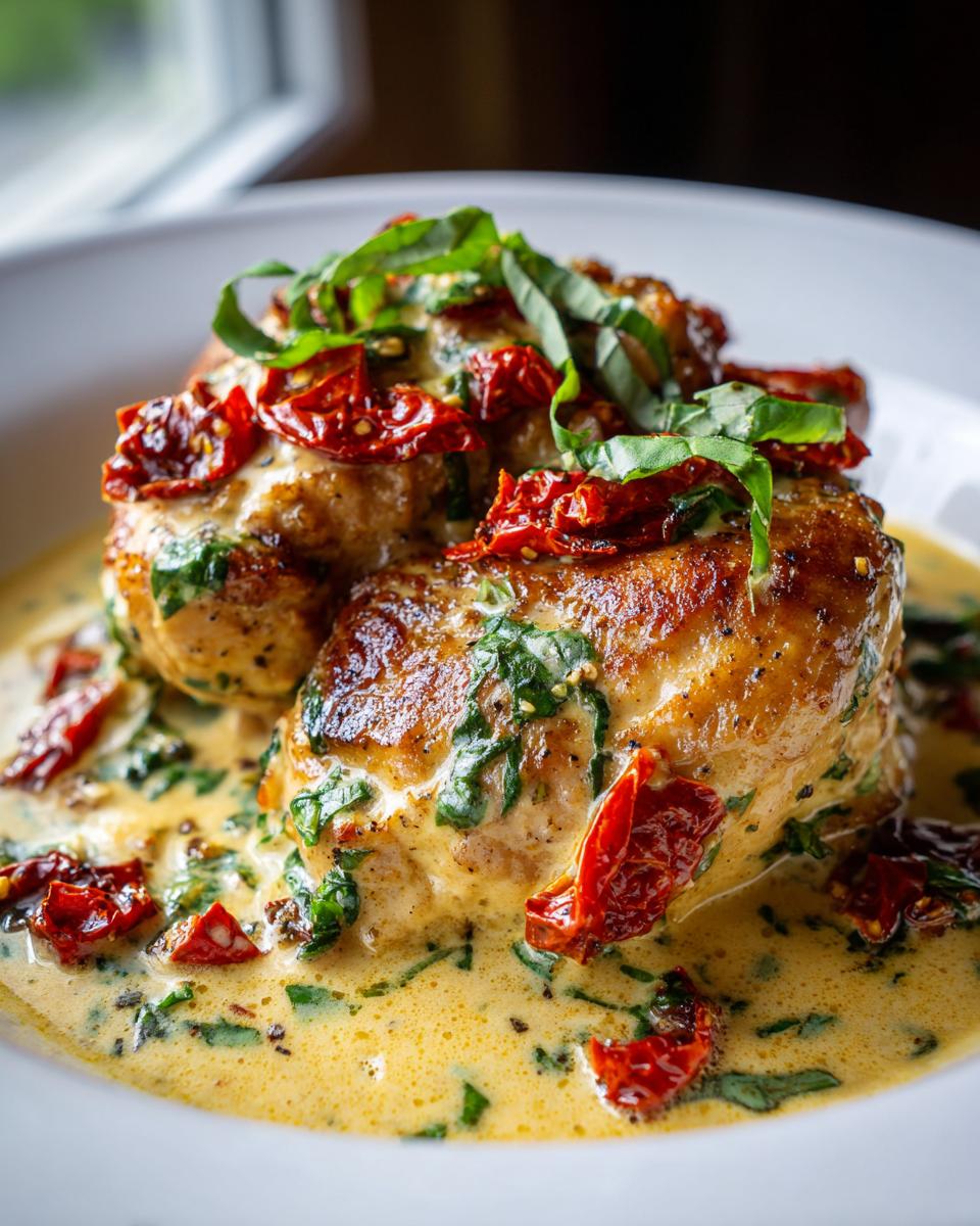 Two golden-brown chicken breasts smothered in creamy sauce, sun-dried tomatoes, and fresh basil, representing Marry Me Chicken.