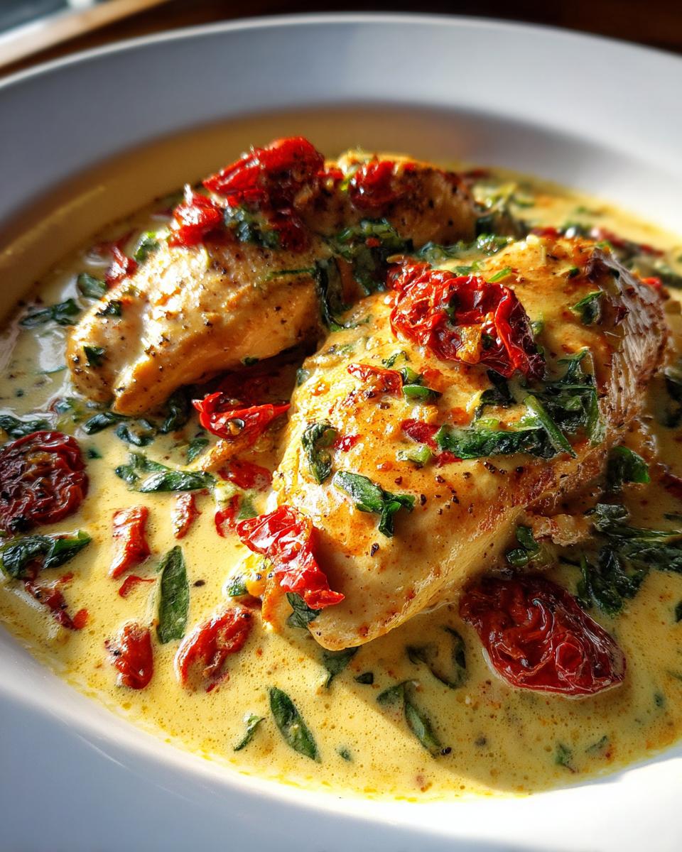 Two golden chicken breasts smothered in a creamy sauce with spinach and sun-dried tomatoes, classic Marry Me Chicken.
