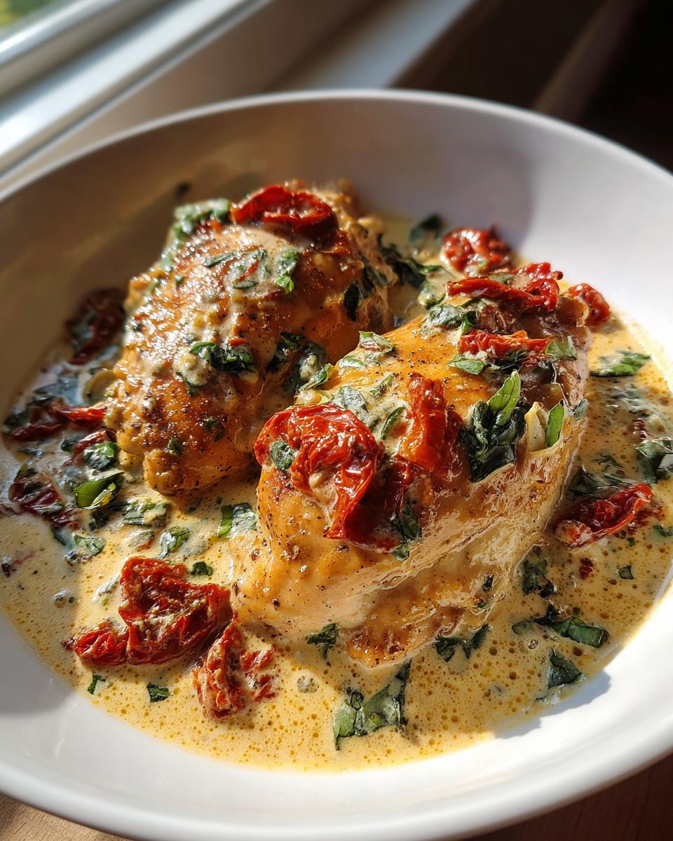 Two pieces of golden-brown marry me chicken smothered in a creamy sauce with sun-dried tomatoes and fresh basil.