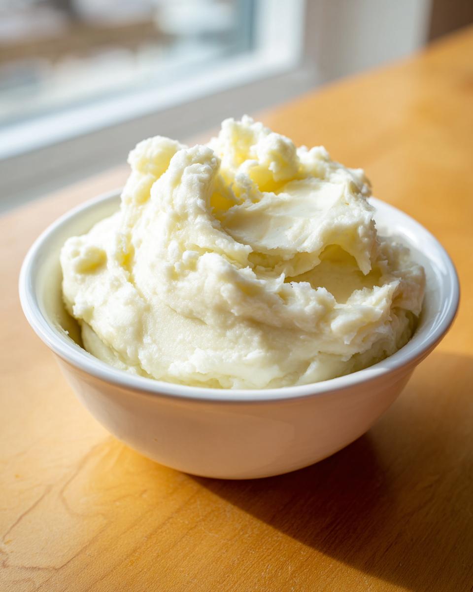A white bowl filled with perfectly whipped, fluffy creamy mashed potatoes sitting on a wooden surface near a window.