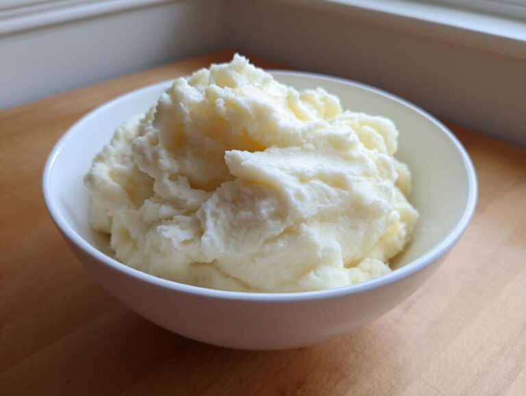A white bowl filled high with fluffy, creamy mashed potatoes, sitting on a wooden surface.