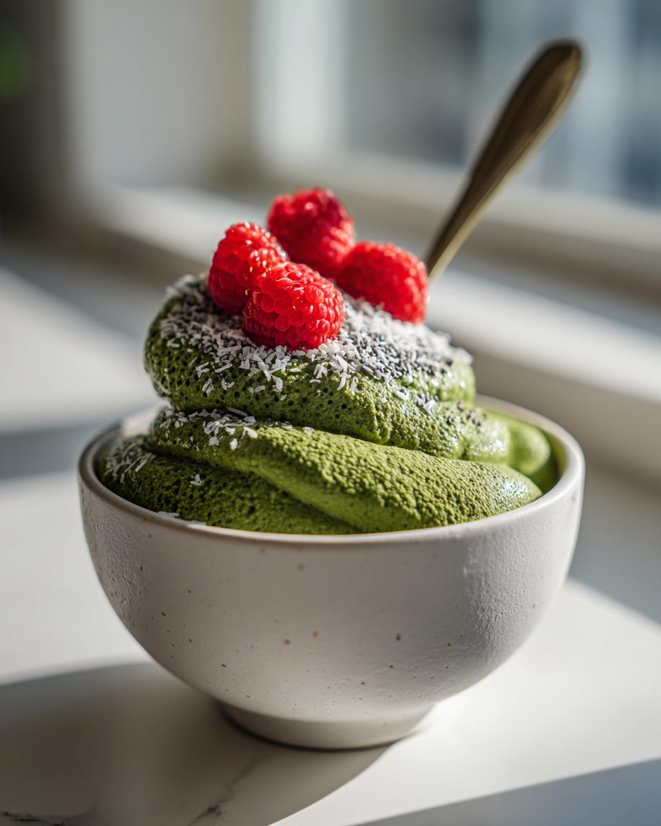 A vibrant green serving of creamy matcha chia pudding topped with fresh raspberries and shredded coconut.