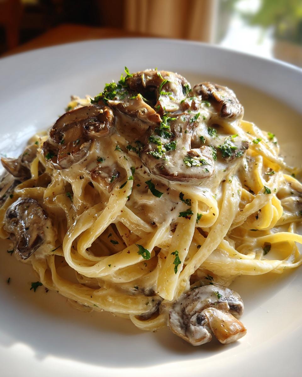 Close-up of creamy mushroom pasta, featuring fettuccine noodles coated in a rich white sauce and topped with sautéed mushrooms and fresh parsley.