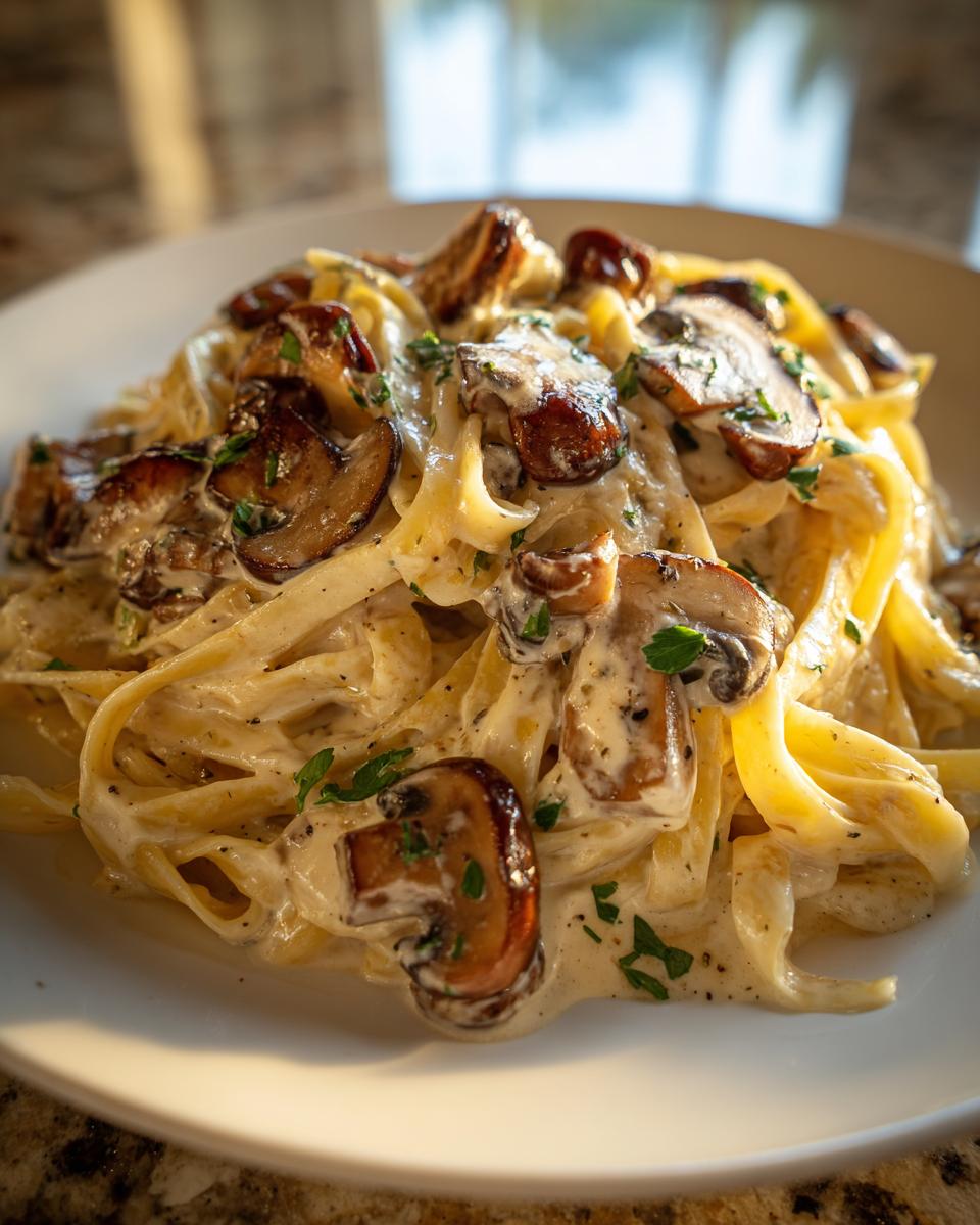 A close-up of creamy mushroom pasta featuring fettuccine noodles coated in a rich white sauce and topped with browned mushrooms and parsley.