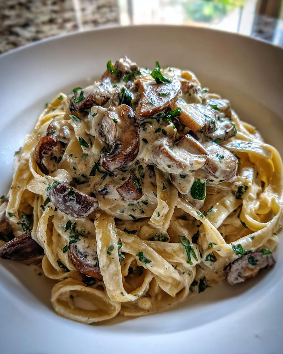 Close-up of creamy mushroom pasta featuring fettuccine noodles coated in a rich white sauce with sliced mushrooms and fresh parsley.