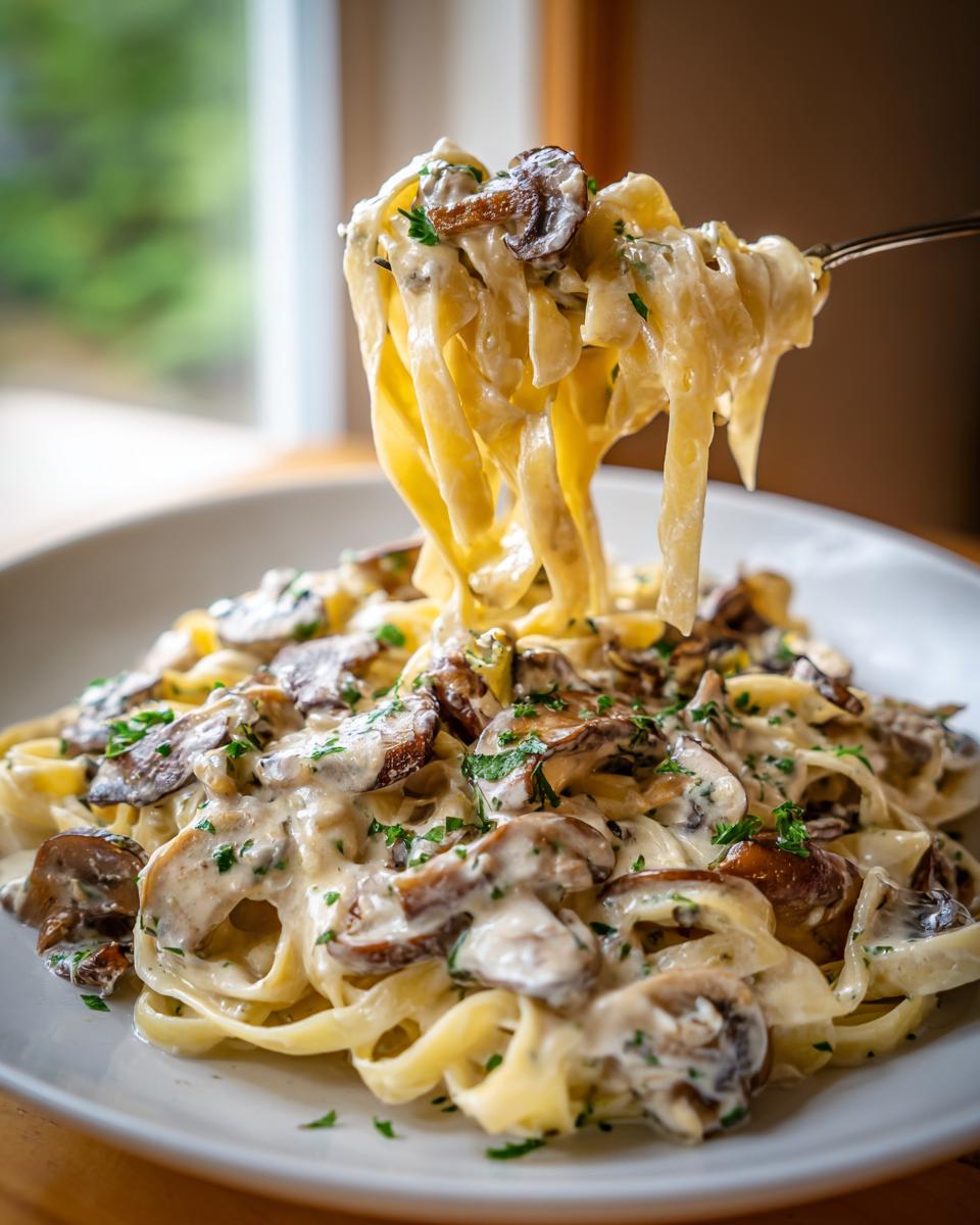 A fork lifting creamy fettuccine noodles covered in sauce and sautéed mushrooms from a plate of mushroom pasta.