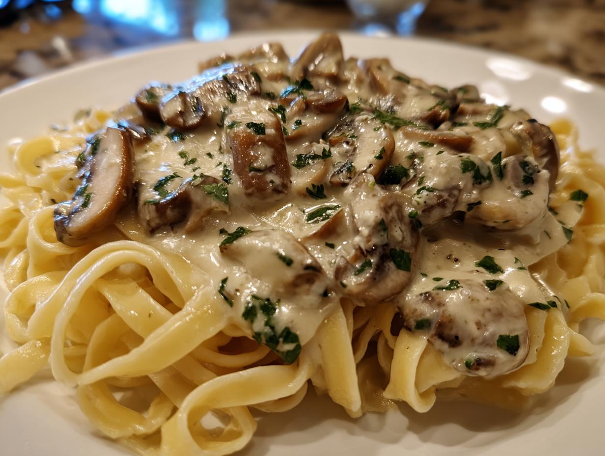 Close-up of creamy mushroom pasta featuring fettuccine noodles generously topped with a rich white sauce and sliced mushrooms.