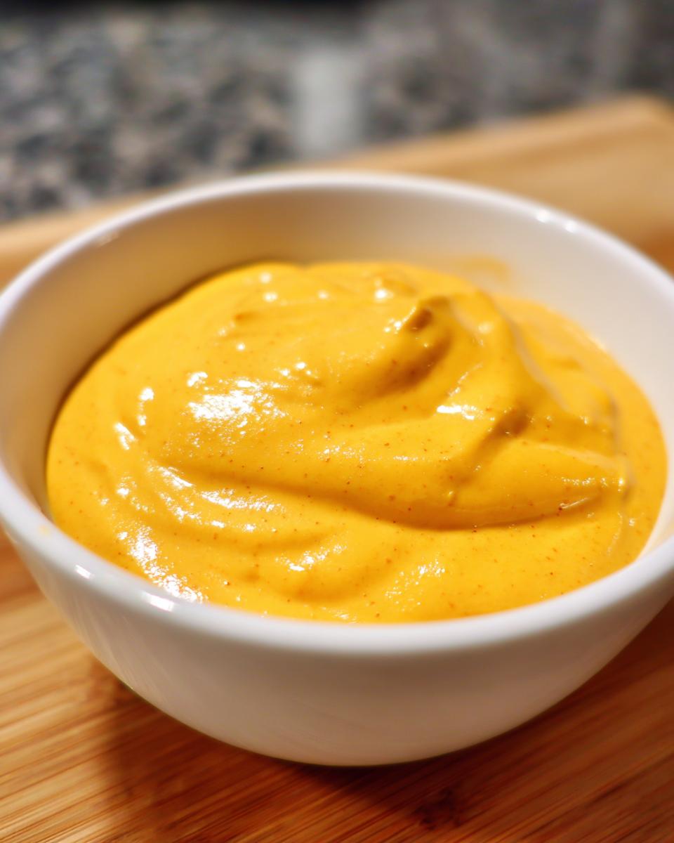 Close-up of thick, bright orange homemade nacho cheese sauce served in a small white bowl.