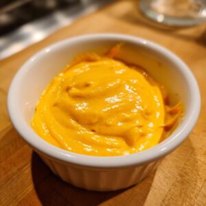 Close-up of thick, bright orange homemade nacho cheese sauce served in a small white ramekin.