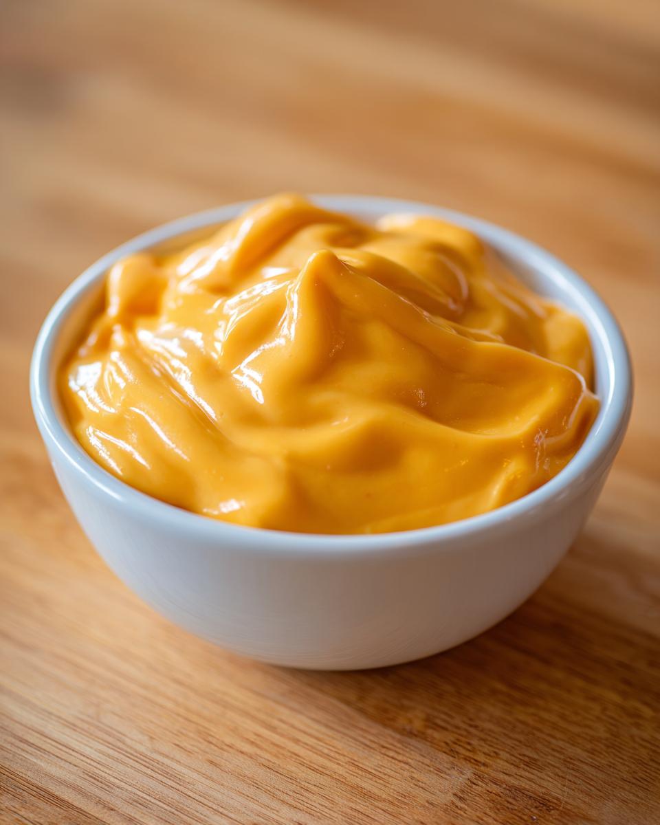 A small white bowl filled with thick, glossy, bright orange nacho cheese sauce resting on a wooden surface.