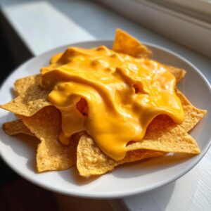 Close-up of tortilla chips smothered in thick, bright orange nacho cheese sauce, served on a white plate.