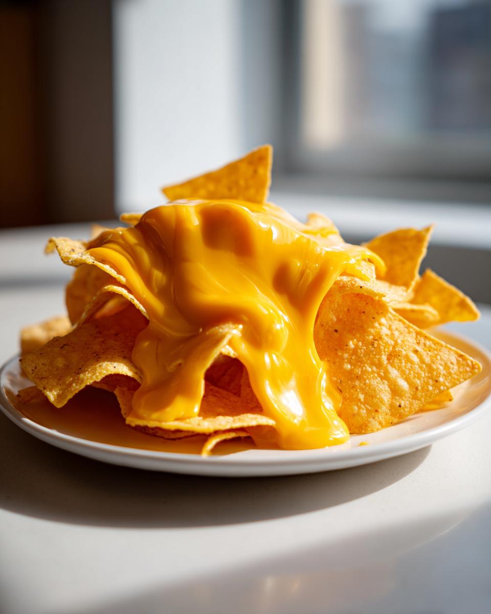 A pile of tortilla chips generously smothered in bright, creamy nacho cheese sauce.