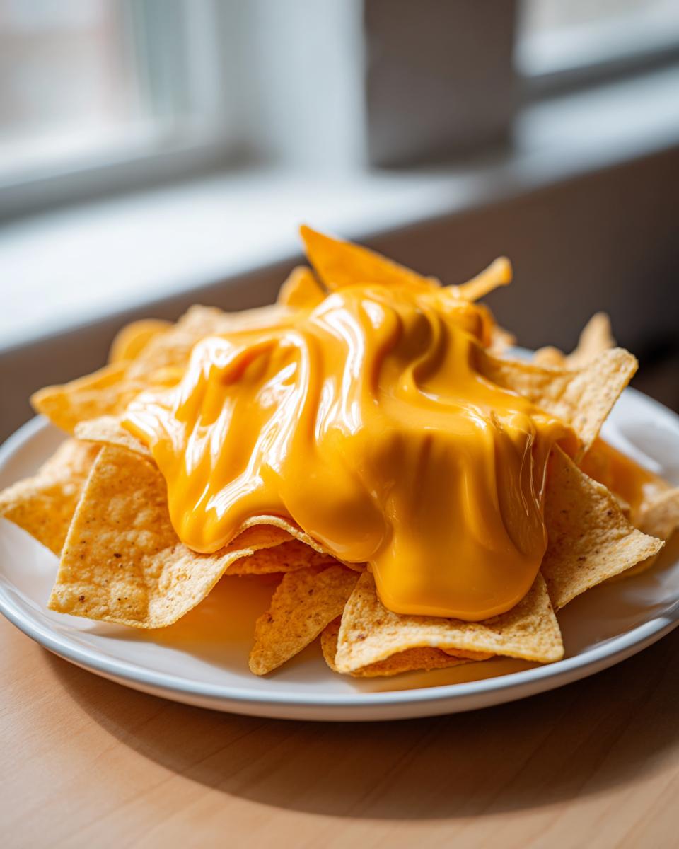 A close-up of tortilla chips generously covered with thick, bright orange nacho cheese sauce.