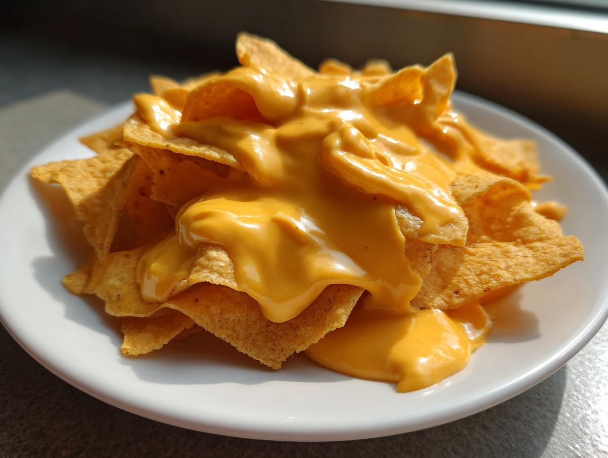 A plate piled high with tortilla chips generously covered in bright orange, creamy nacho cheese sauce.