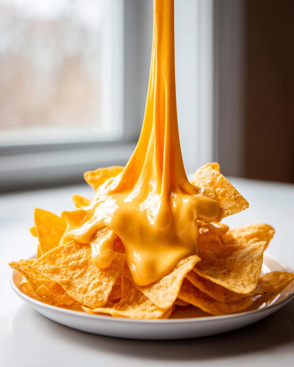 A thick stream of bright orange nacho cheese sauce is being poured over a large pile of tortilla chips on a white plate.