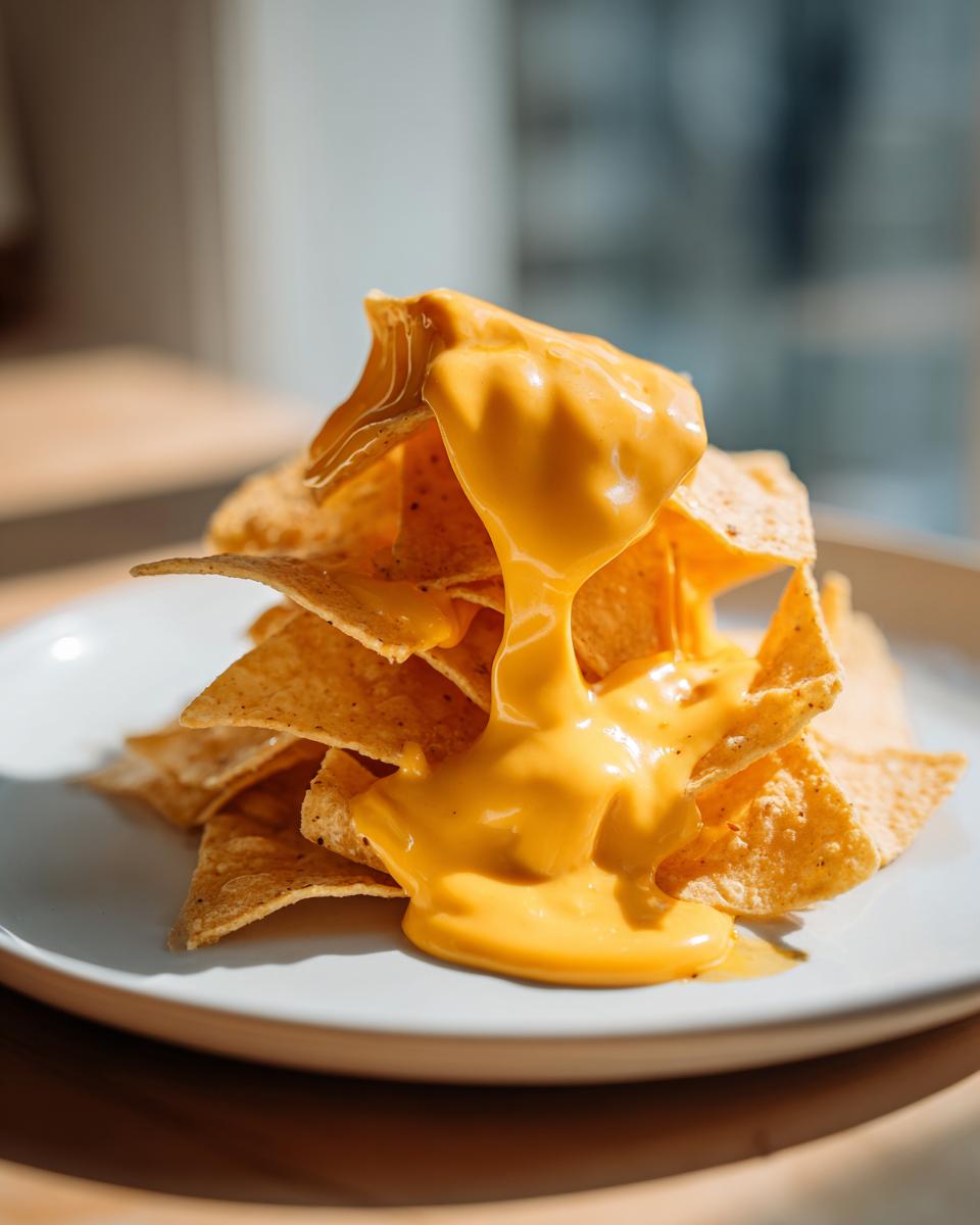 A close-up shot of creamy nacho cheese sauce being generously poured over a pile of tortilla chips on a white plate.
