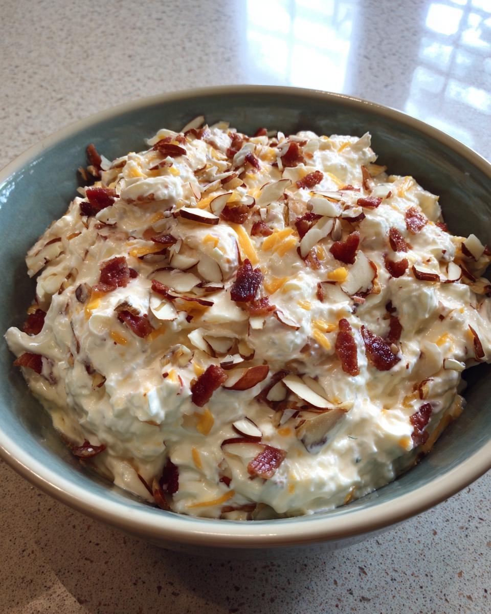 A bowl of creamy Neiman Marcus dip topped generously with sliced almonds, bacon bits, and shredded cheese.