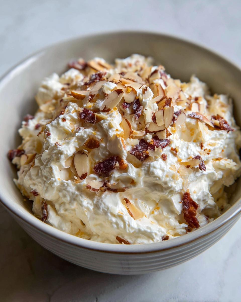 Close-up of creamy Neiman Marcus dip topped generously with slivered almonds and bacon bits.