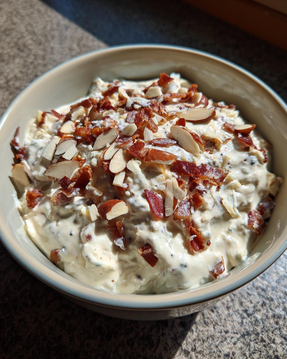 A bowl of creamy Neiman Marcus dip topped generously with crumbled bacon pieces and sliced almonds.