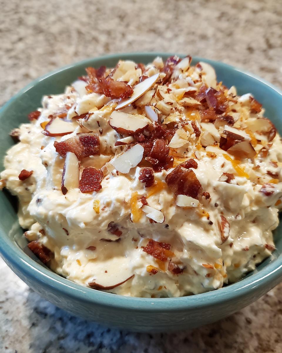 Close-up of a bowl of creamy Neiman Marcus dip topped generously with crumbled bacon and sliced almonds.