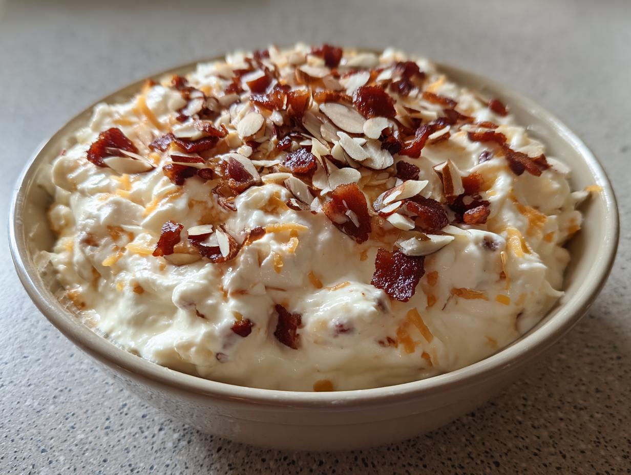 A close-up of a bowl filled with creamy Neiman Marcus dip, generously topped with crumbled bacon pieces and sliced almonds.