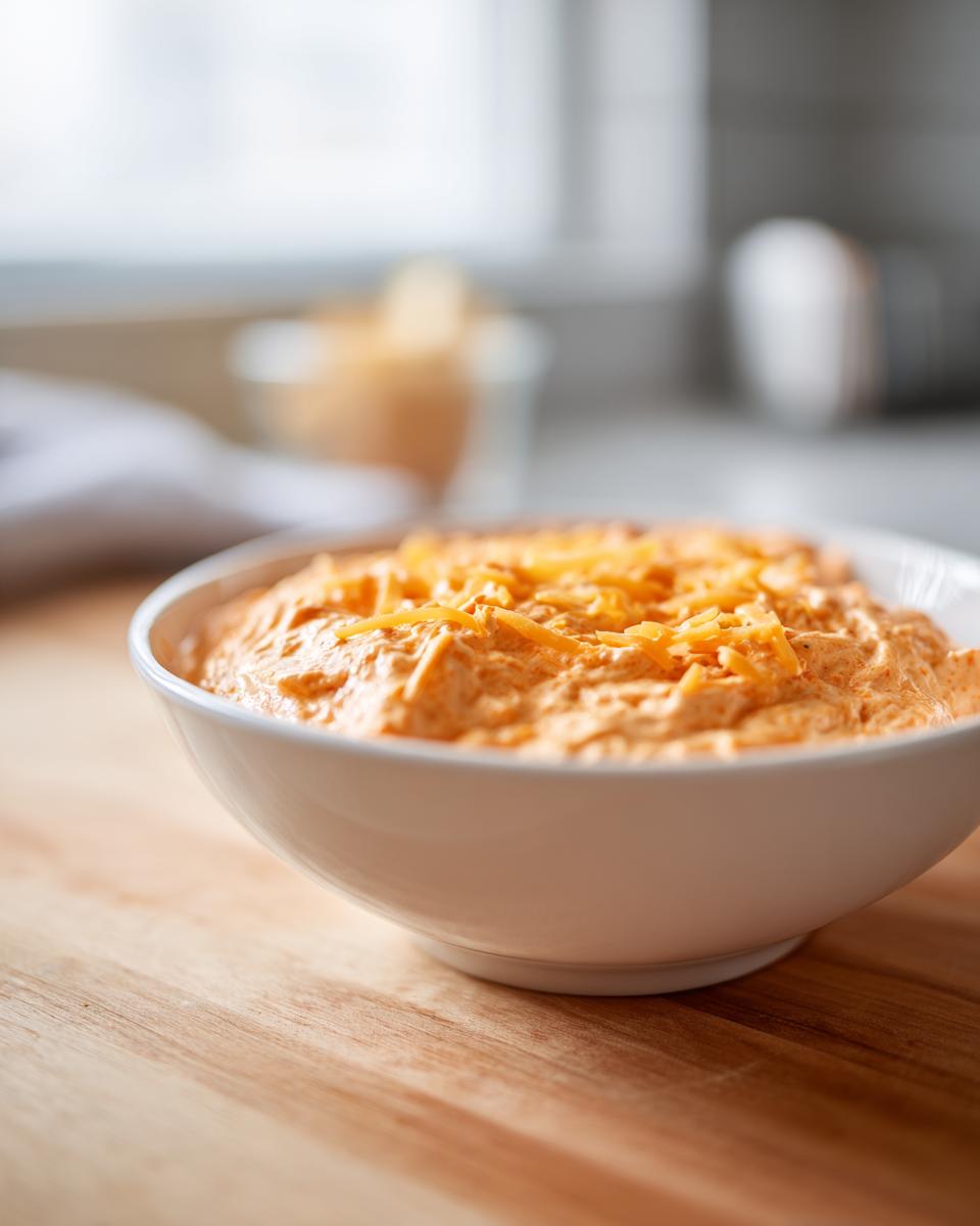 Close-up of creamy, orange-colored boat dip topped with shredded cheddar cheese in a white bowl.