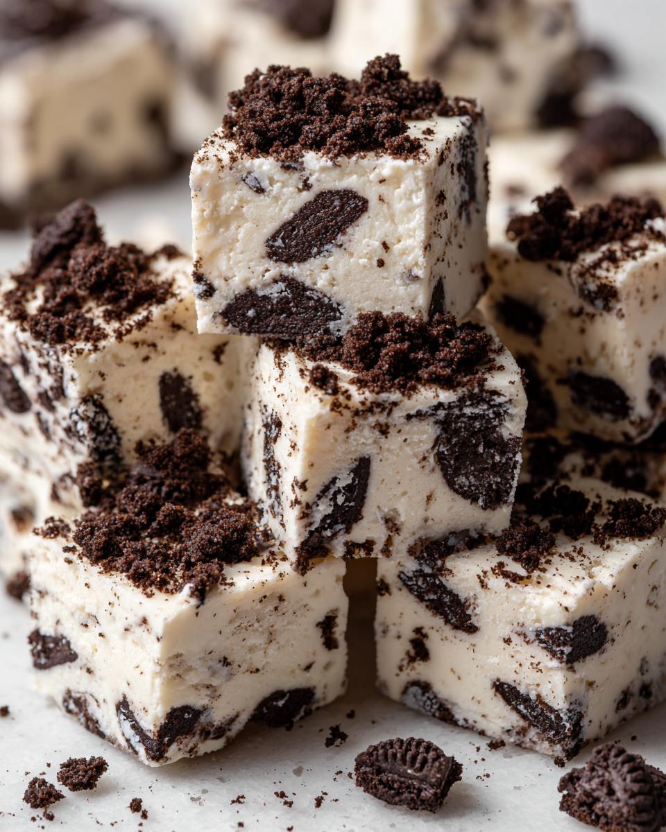 Stack of creamy white Oreo fudge cubes loaded with dark chocolate cookie pieces and topped with cookie crumbs.