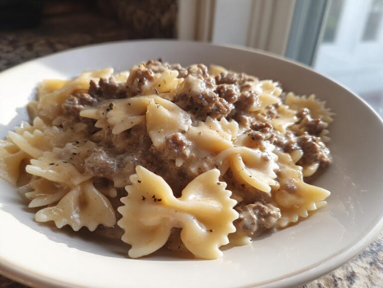 A close-up of creamy parmesan garlic beef bowtie pasta served in a white bowl, featuring bow-tie pasta coated in a rich sauce with ground beef.