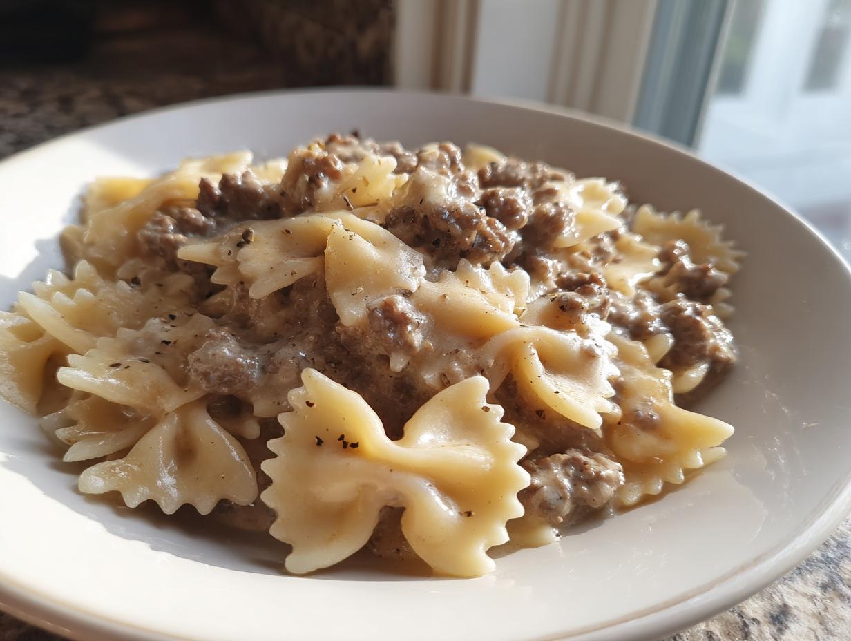 A close-up of creamy parmesan garlic beef bowtie pasta served in a white bowl, featuring bow-tie pasta coated in a rich sauce with ground beef.