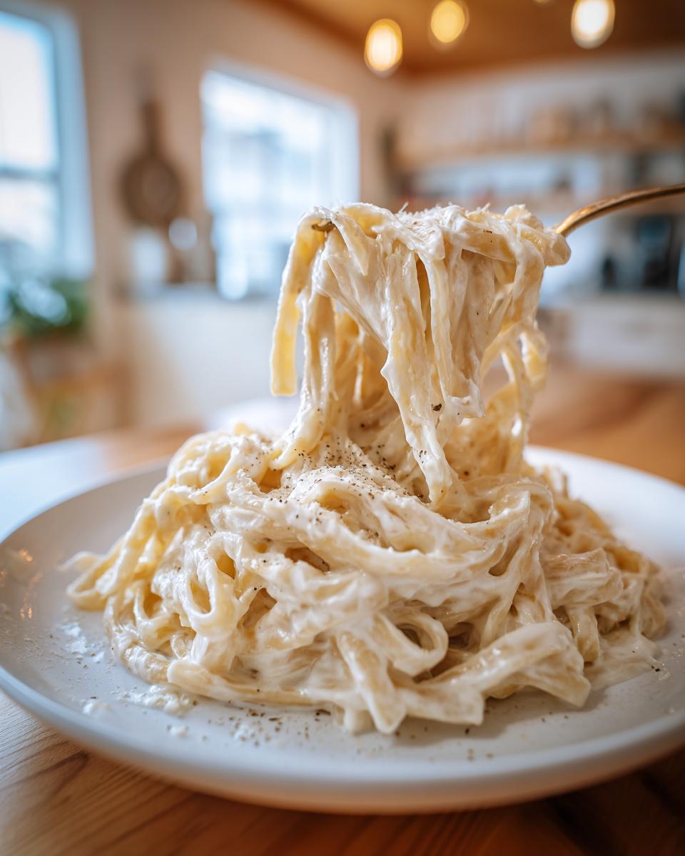 A fork lifting fettuccine pasta coated in rich vegan alfredo sauce, served on a white plate.