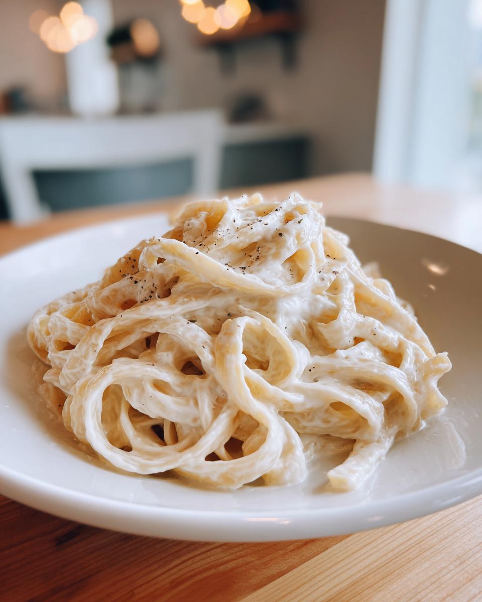 Close-up of fettuccine pasta generously coated in creamy vegan alfredo sauce and topped with black pepper.