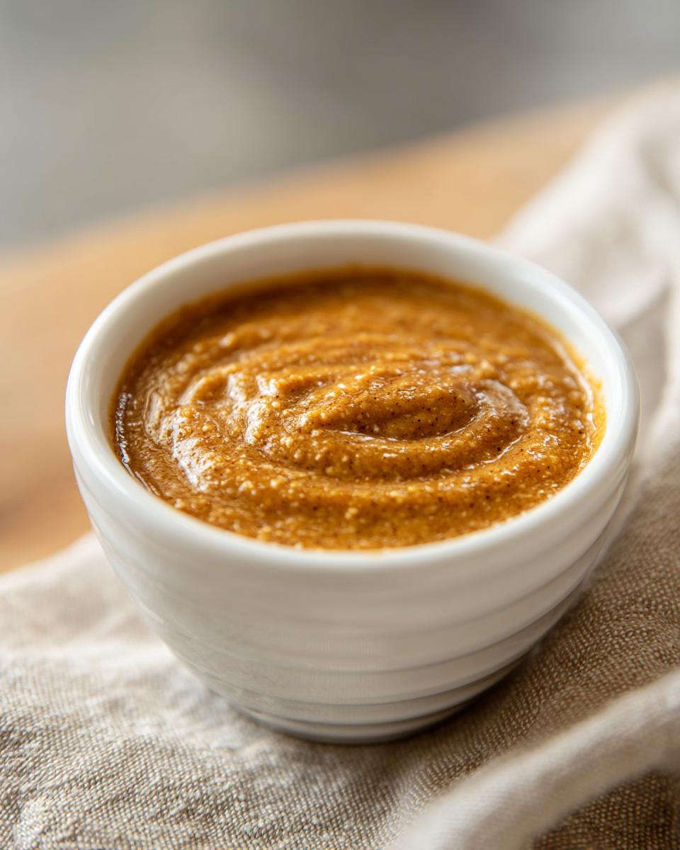 Close-up of thick, creamy peanut sauce swirled in a small white bowl resting on a linen napkin.