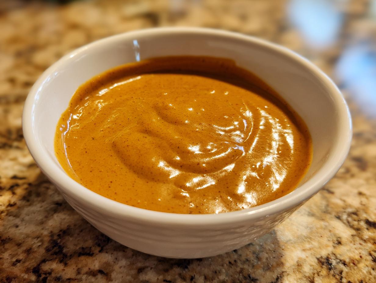 Close-up of thick, creamy peanut sauce filling a small white bowl resting on a granite countertop.