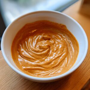 Close-up of thick, creamy peanut sauce swirled in a small white bowl, ready for serving.