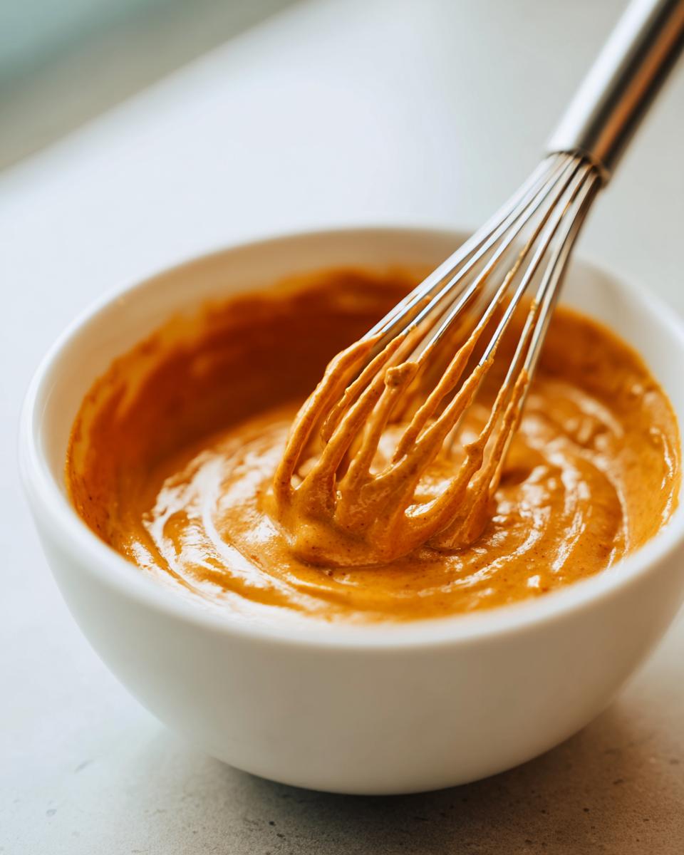 Close-up of a metal whisk blending thick, creamy peanut sauce in a white bowl.